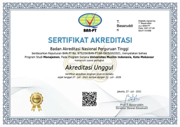 Sertifikat Akreditasi Unggul Program Studi S1 Manajemen FEB UMI dari BAN-PT